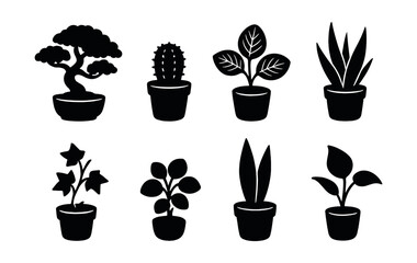 Miniature houseplant silhouettes set – bonsai, cactus, leafy, ivy, foliage, potted. Vector icons set