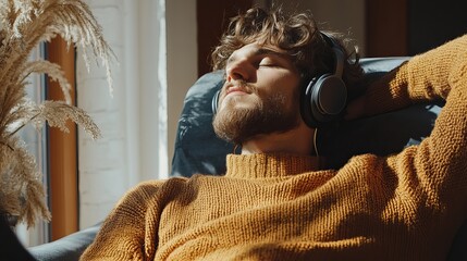 Relaxed man listening to music wearing a mustard yellow sweater cozy home calm warm mood male hair
