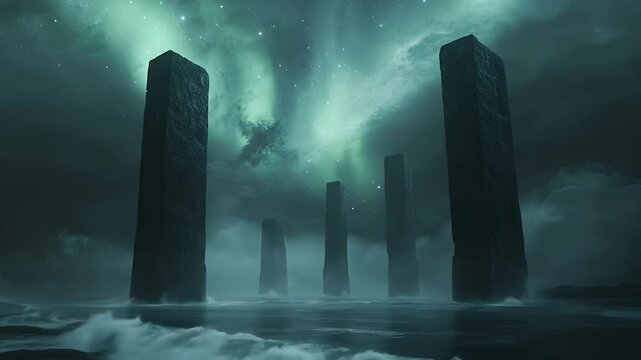 Monolithic Pillars Rising from Misty Waters Under a Green Aurora Sky at Night
