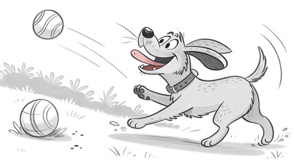 Happy doodle dog chasing ball with motion lines and playful sketchy energy