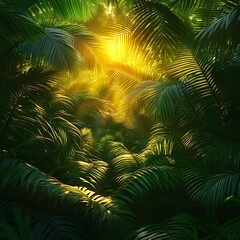 Fototapeta premium Lush tropical foliage creating a sunlit interior space.