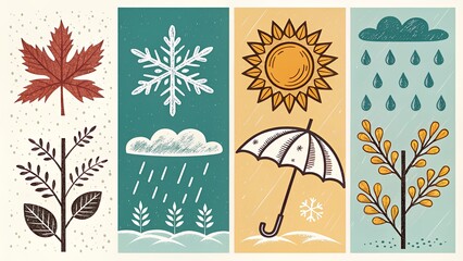Obraz premium 2D linocut-style seasonal icons with leaves snowflake flower sun umbrella and clouds