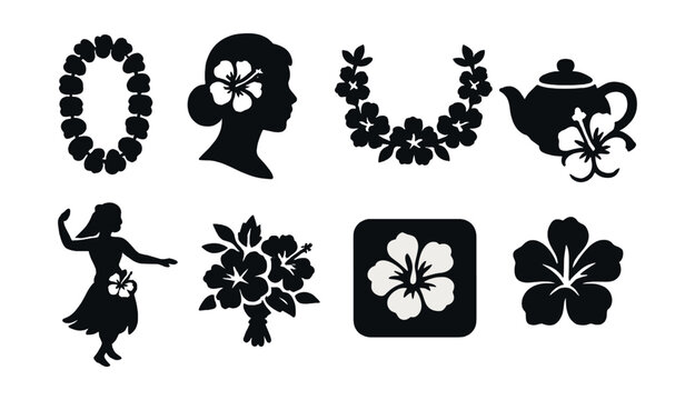 Fototapeta Tropical hibiscus silhouette icons set – garland, profile, bouquet, hula, tea, floral. Vector icons set