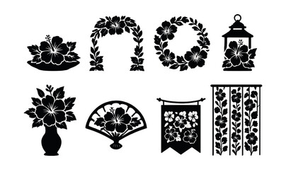 Hibiscus silhouette decoration icons set – floral arrangements, lantern, fan, garland. Vector icons set