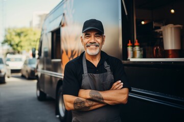 portrait of a confident Hispanic middle age chef with standing by food truck on street