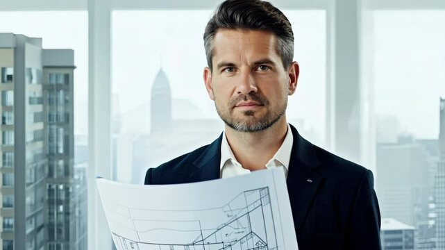 Architect with focused expression holding blueprints in an office  