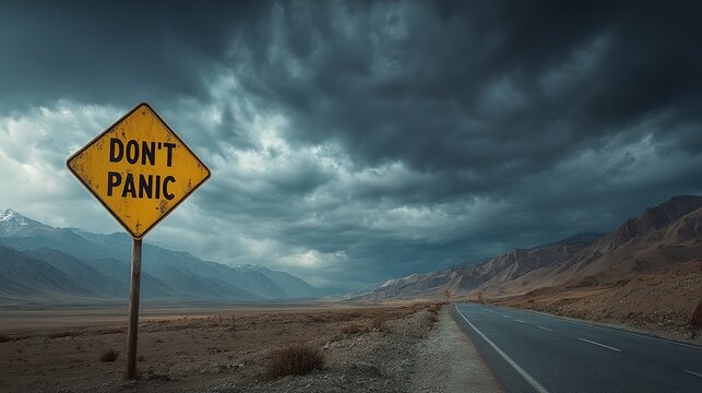 Don't Panic Road Sign on a Dramatic Mountain Road under Stormy Skies
