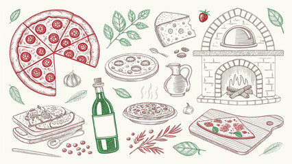 Hand-drawn Italian food doodles with pizza calzones pasta and trattoria ink elements