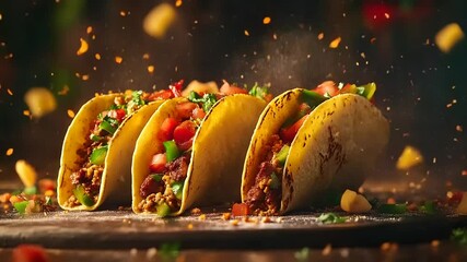 Deliciously arranged tacos filled with seasoned meat, fresh vegetables, and vibrant toppings, set against a colorful, festive background with scattered ingredients
