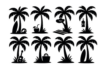 Tropical beach icons set – palm trees, surfboard, coconut drink, hat, towel, lantern, guitar, bag. Vector icons set