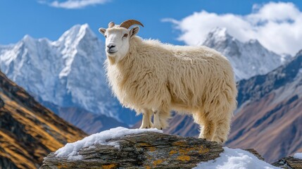 Fototapeta premium Fluffy white mountain goat on snowy rock outcrop, majestic alpine backdrop