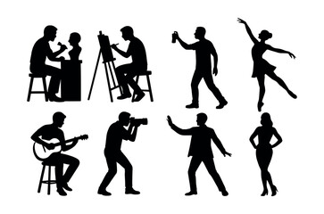 Artistic silhouette icons set – painting, dancing, photography, sculpture, guitar, spray painting. Vector icons set