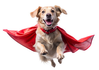 dog superhero cape flying mid air action pose