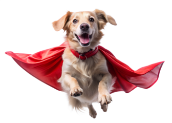 dog superhero cape flying mid air action pose
