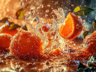 Ripe orange and many splashes and drops of water that are splashed dynamically. Warm lighting.