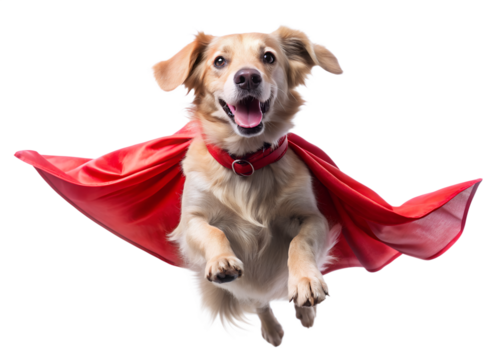 dog superhero cape flying mid air action pose