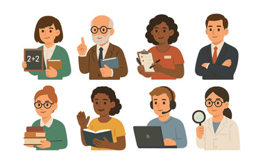 Educators icon set – teacher, professor, student, tutor, book, classroom, lesson, chalkboard, lecture. Vector icons set