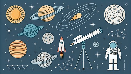 Minimalist space vector set with planets shooting stars galaxies in clean line art