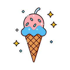 Ice cream cone sweet dessert summer treat delicious food pink blue stars sprinkles vector art design