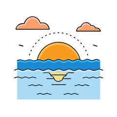 Sunset sunrise ocean sea clouds water wave horizon scenic landscape nature travel vacation vector illustration