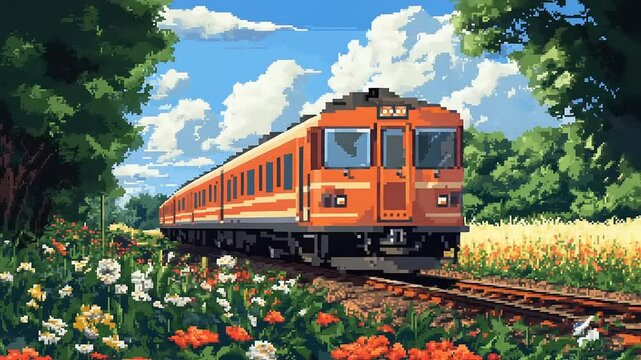 Vibrant pixel art train traveling through a lush landscape filled with flowers under a bright sky