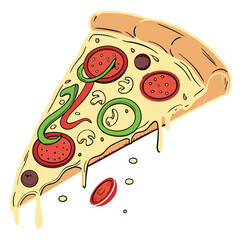 Cheesy Pizza Slice Vector – Peppers, Pepperoni, Mushrooms & Melty Cheese Clipart