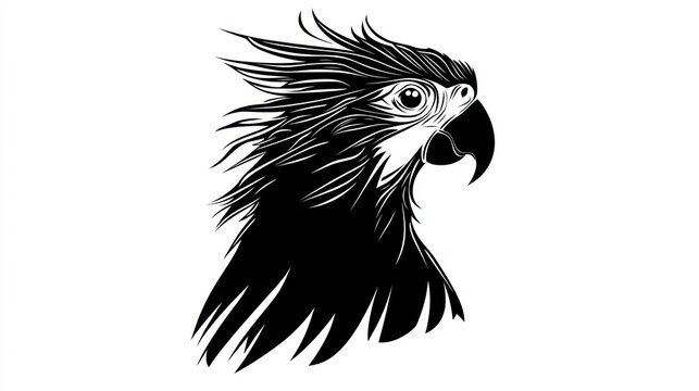 Bold silhouette of a parrot's head, detailed with intricate black lines, facing right
