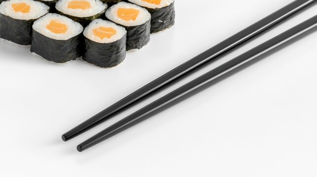 Fresh sushi rolls with chopsticks.  A close-up of salmon sushi rolls arranged in a cluster, alongside black chopsticks against a white background