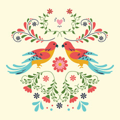 Symmetrical folk birds with floral decorative elements in vibrant colors for t-shirt design