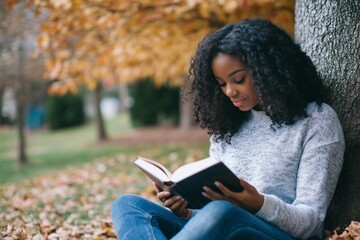 A young woman reading under the tree in public park.