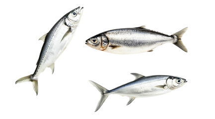 Obraz premium Set of sardine fish with detailed scales and fins isolated on white transparent background, symbolizing canned seafood