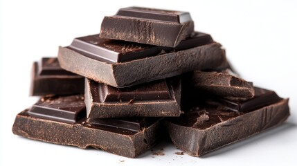 A 4K photo of pile of dark chocolate squares on a white background.