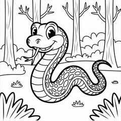 Fototapeta premium Cute Cartoon Snake in Forest Coloring Page