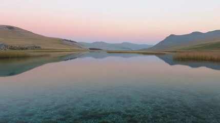Obraz premium Calm waters reflecting surrounding mountains during a colorful dusk