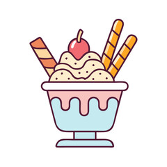 Delicious ice cream sundae with cherry and wafer rolls sweet dessert food illustration vector graphic