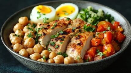 Healthy Chicken Bowl with Chickpeas, Roasted Vegetables, and Boiled Eggs on a Dark Background.