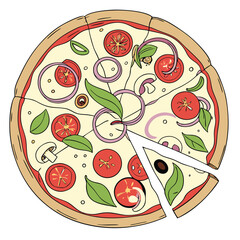 Hand-Drawn Veggie Pizza Clipart  Full-Color Pizza with Herbs, Cheesy Crust, and Delicious Italian Food Elements for Menus and Logos