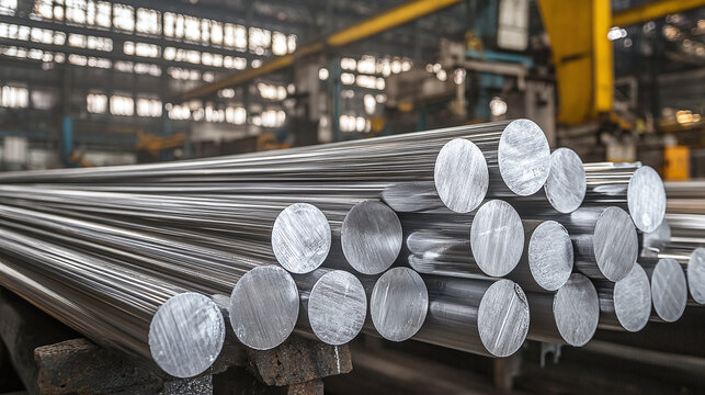Bundled aluminum rods organized in warehouse await remelting to produce foil, alloys, metal products in metallurgy industry. Ferric raw material supply storage on factory