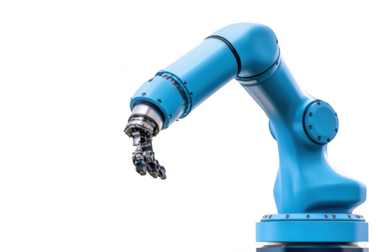 Blue robotic arm reaching out on transparent background