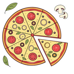 Vegetarian Pizza Vector – Colorful Tomato Basil Pizza Slice Illustration with Onions, Arugula, Olives, and Fresh Toppings