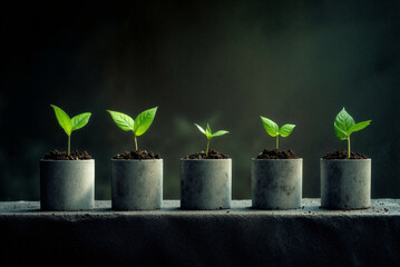 Growing plants in concrete pots on a dark background