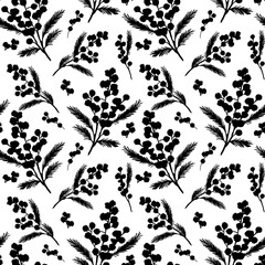Seamless outline pattern with mimosa. Elegant contrasting pattern with sulfur branches and inflorescences in silhouette style on a white background, ideal for textiles and packaging.