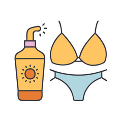 Sunscreen lotion and bikini vector illustration for summer beach vacation skin care protection