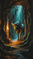 Minotaur emerging from a dark labyrinth with mystical lighting and eerie atmosphere