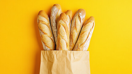 Paper bag with fresh baguettes and ciabatta on yellow background, top view