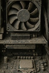 A close-up of a dusty computer motherboard and fan, showcasing the accumulation of dirt and grime in an unmaintained electronic device.