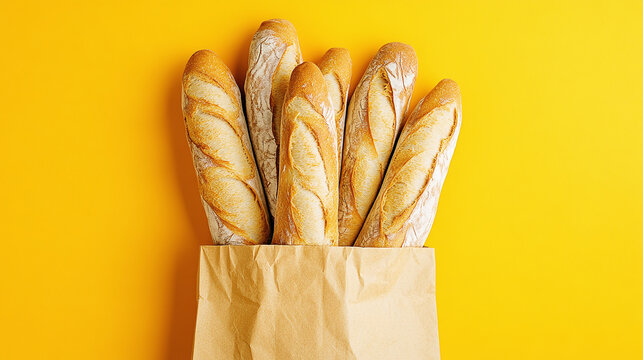 Paper bag with fresh baguettes and ciabatta on yellow background, top view