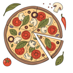 Vegetarian Pizza Slice Vector  Colorful Tomato, Onion, and Arugula Illustration