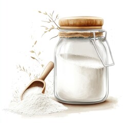 Small heap of flour near a glass jar, on a rustic wooden board in watercolor style.