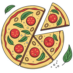Colorful Hand-Drawn Style Pizza with Tomato and Basil Toppings